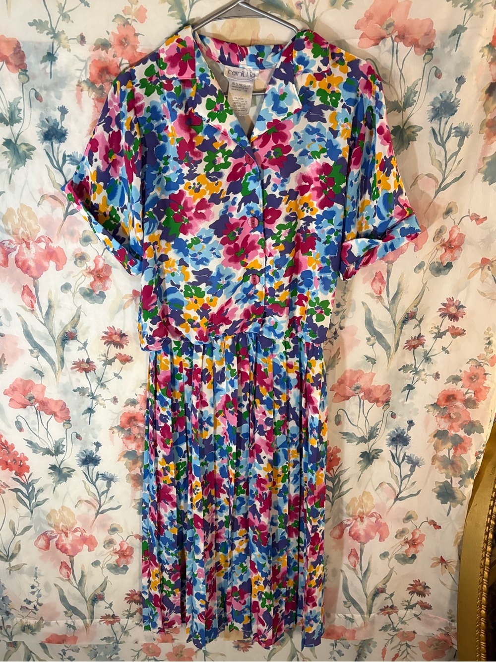 Vintage Vibrant Multicolor Floral Pleated Midi Dress